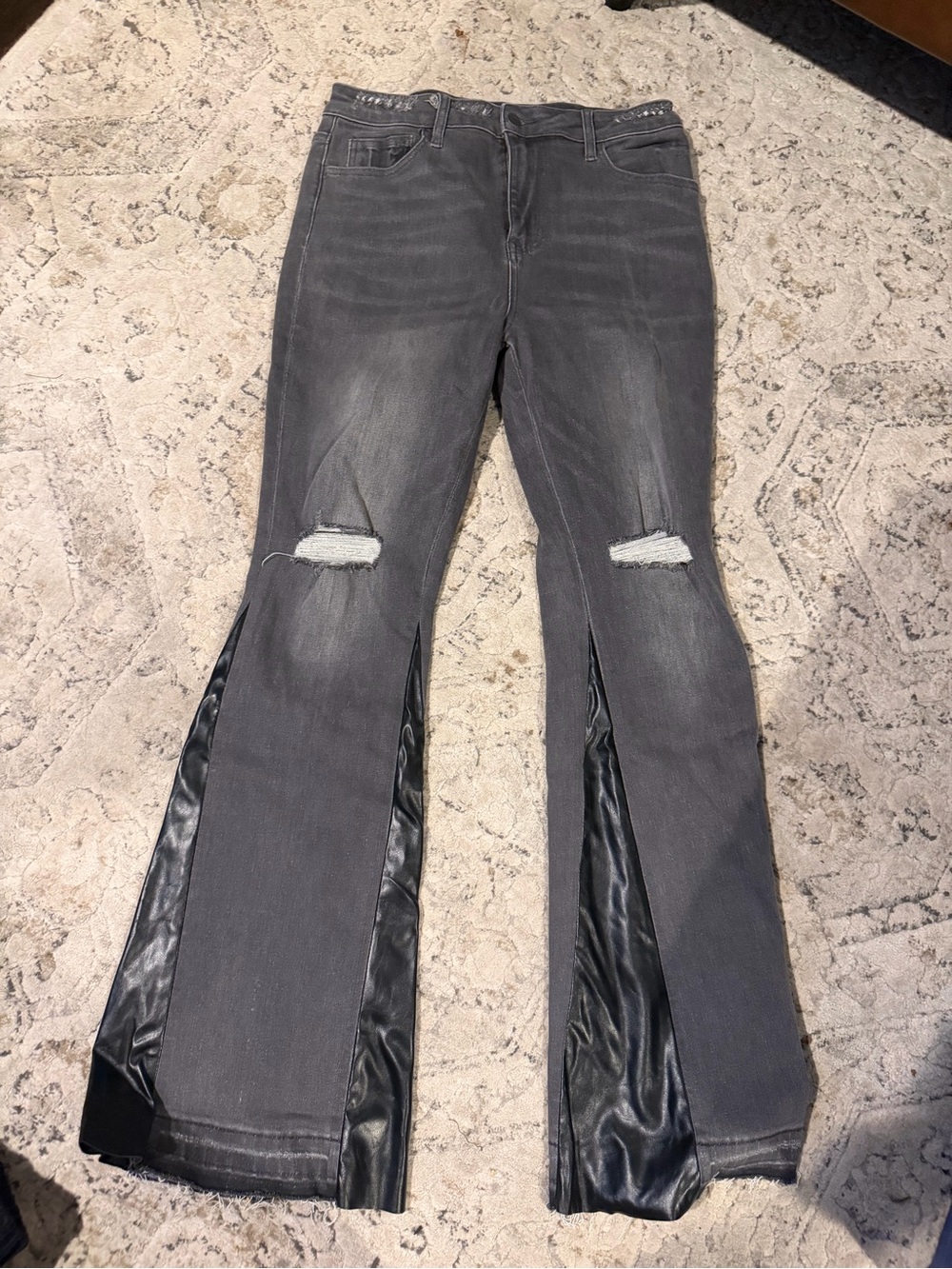 Charcoal Distressed Wide-Leg Jeans with Faux Leather Insets